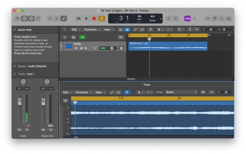 A screenshot of Logic Pro on macOS showing a single audio track